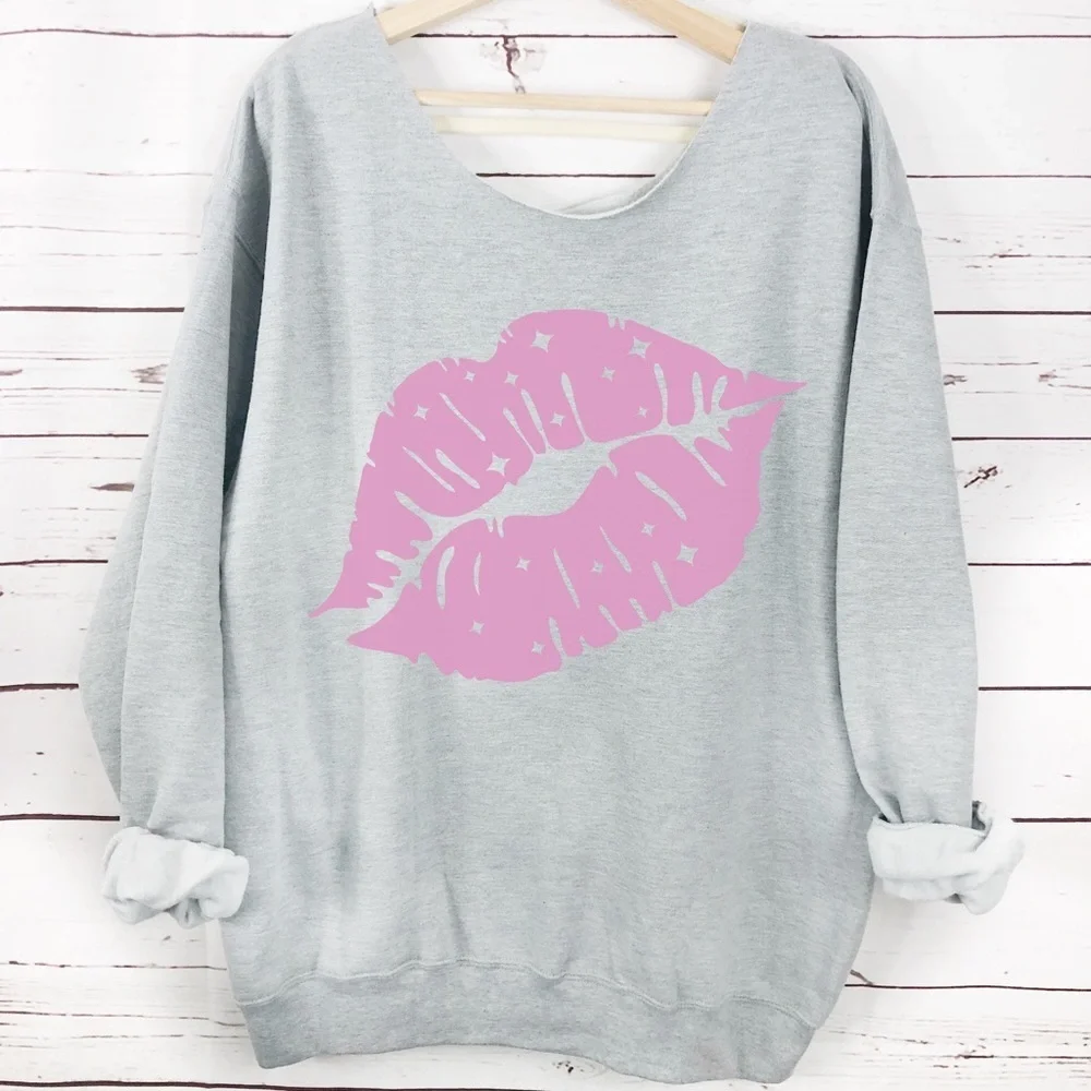 Kiss Lips Slouchy Neck Long Sleeve Sweatshirt Multiple Colors And Sizes - Picture 1 of 5